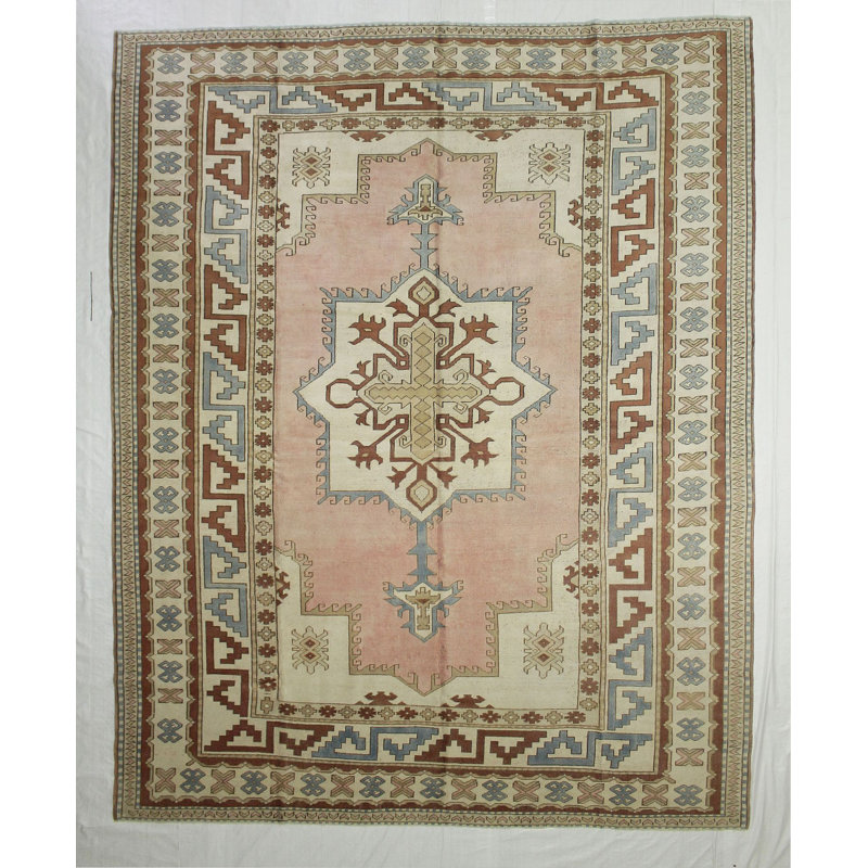 Tapis rose / ivoire en laine noué à la main de conception unique 8 pi 9 po x 10 pi 11 po