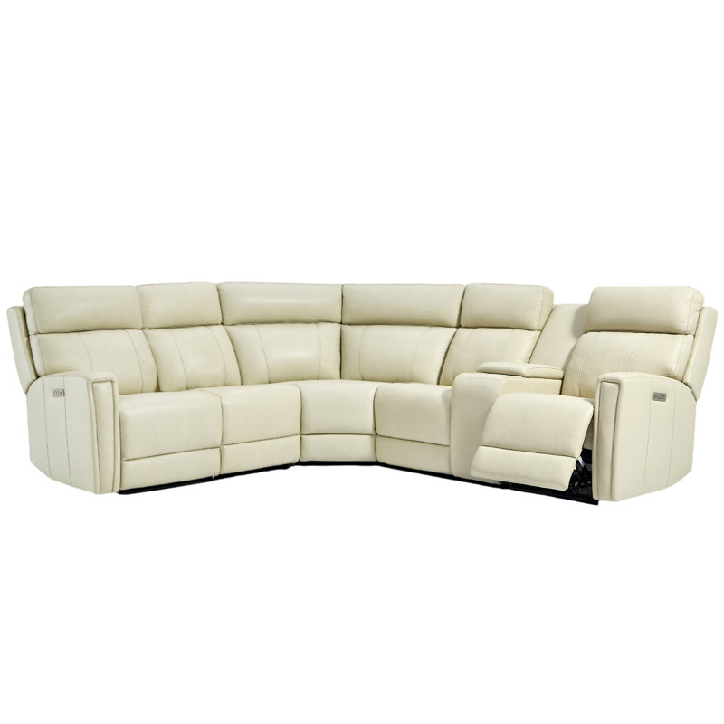 6-Piece, 3 Power recliners Leather Reclining Sectional, Power headrest  , Cream Genuine Leather, Power - Push Button