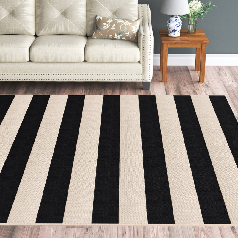 Tapis rayé beige / noir intérieur / extérieur Mestas, Rectangle 9 pi x 12 pi