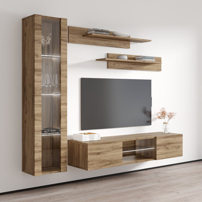 Letson 85" Modern Floating Wall Mounted Entertainment Center with 16-Color LED Lighting, High Gloss Finish