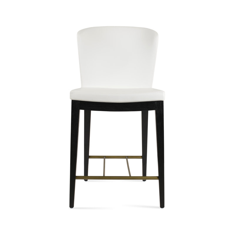 Tabouret de bar et de comptoir en bois de frêne Amed Plus, Simili cuir blanc