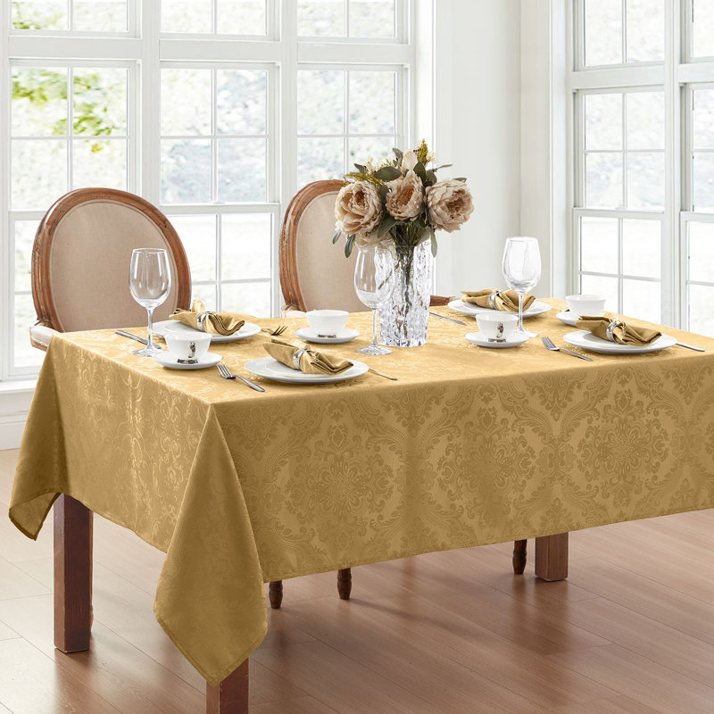 Corson Woven Damask Jacquard Polyester Tablecloth, Gold, 144" L x 60" W Rectangle