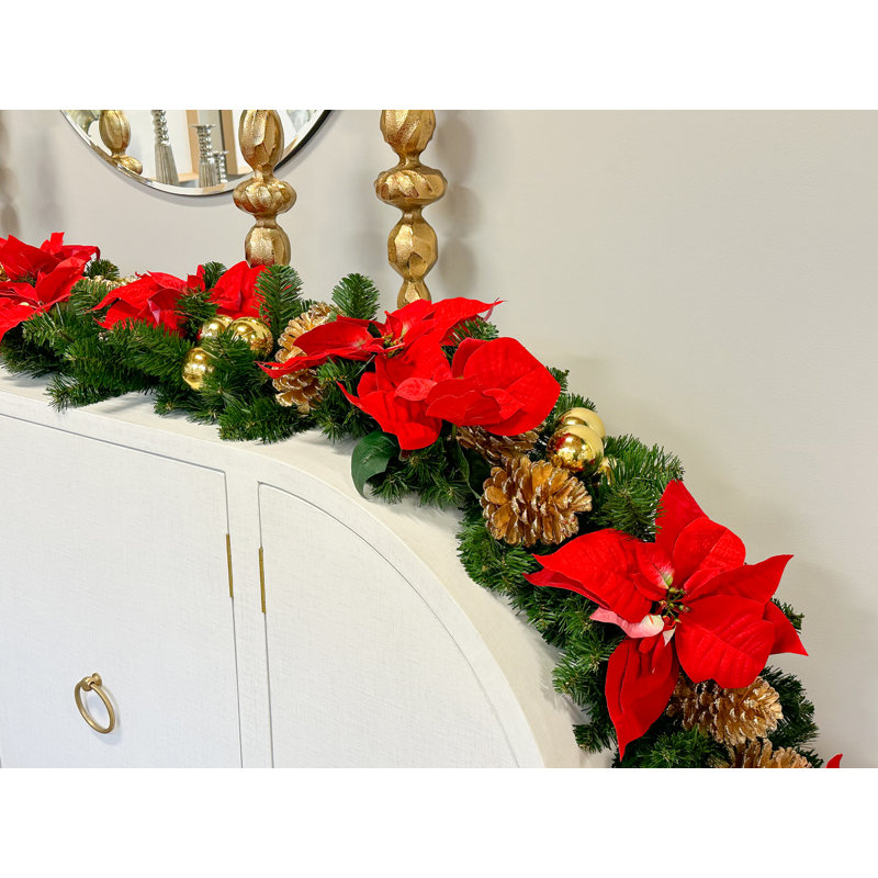 9' Holiday Garland With Pointsettias, Ornaments And Pinecones