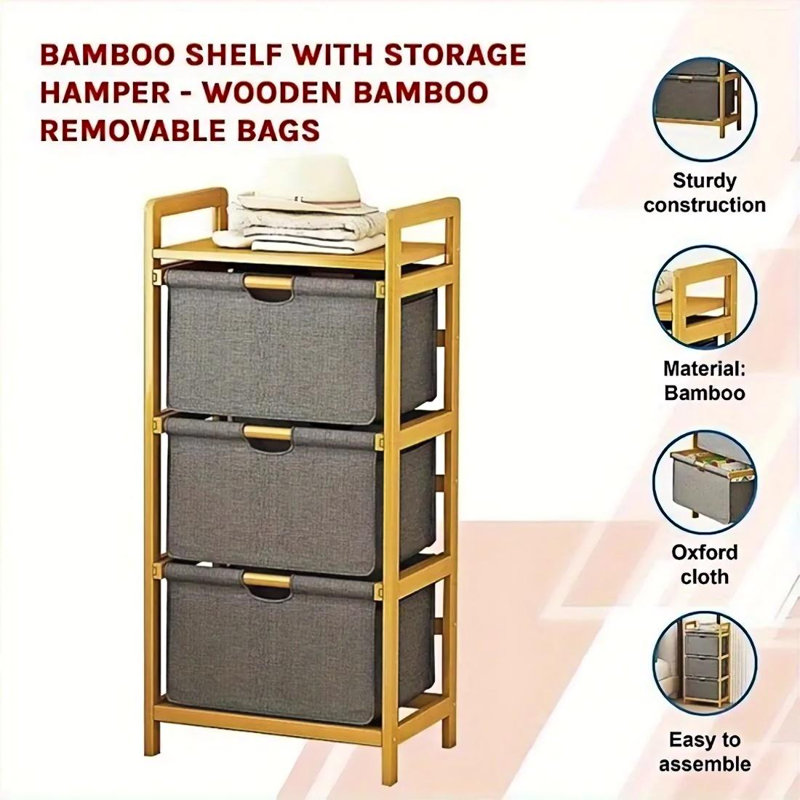 Étagère de rangement en bambou avec 3 paniers à tiroirs en tissu avec sacs à paniers amovibles