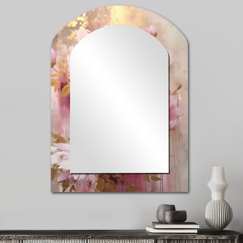 Rose et pivoines dorées dans l'éclat - miroir décoratif asymétrique pivoines, miroir mural arche rose, impression d'art en métal