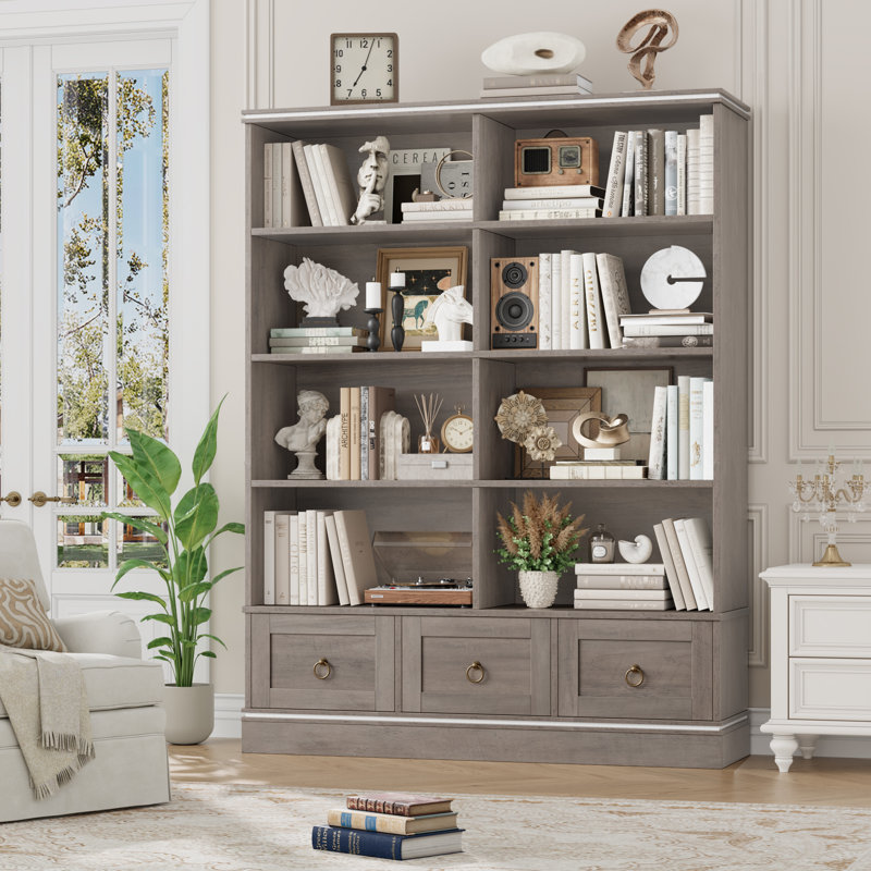 Akxel 47.2" W 3-Drawer Wood Grain Bookshelf, Gray