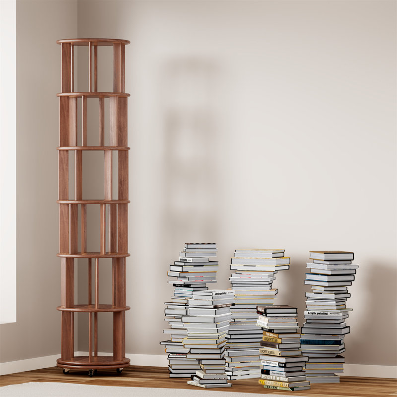 Bibliothèque rotative 100% bois massif sur roulettes, (6 tablettes) H 77,3 po x l 17,3 po x P 17,3 po