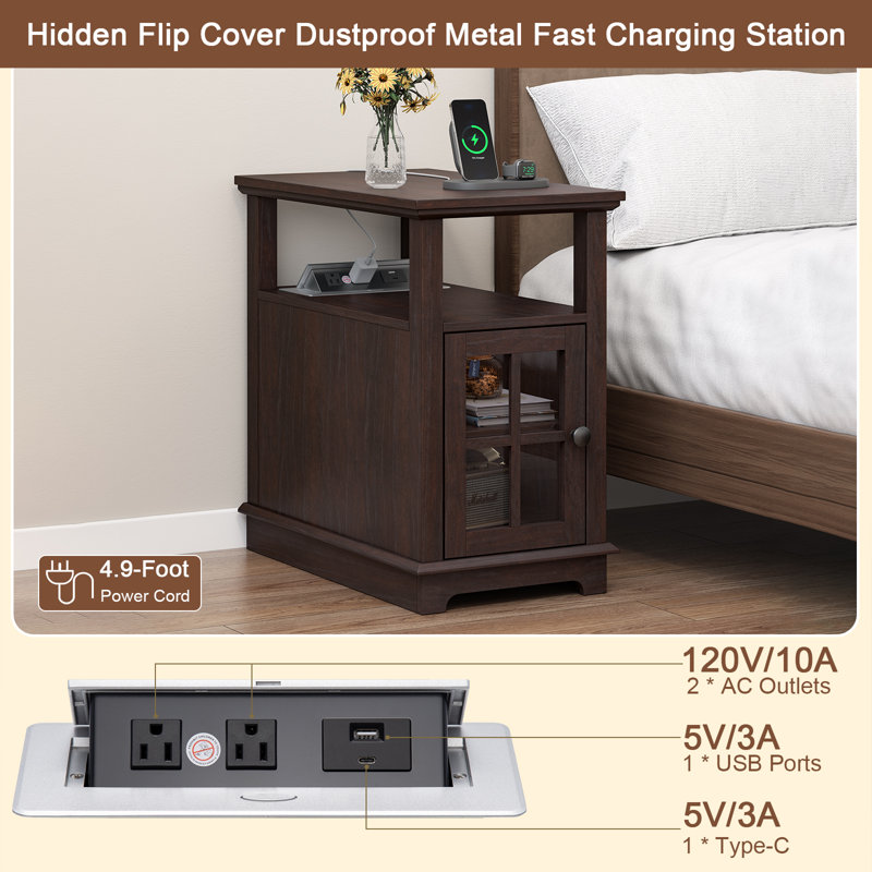 Boxley End Table and Built-In Outlets, Espresso Top/Espresso Base