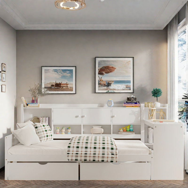 Wooden L-shape Daybed With Seven Storage Cabinets, Study Desk, Built-in Bookshelf And Two Drawers, White, Twin