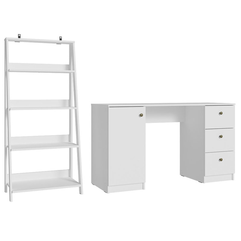 Chukri Desk with Drawer 53" + Ladder Shelf Standing Bookcase, White