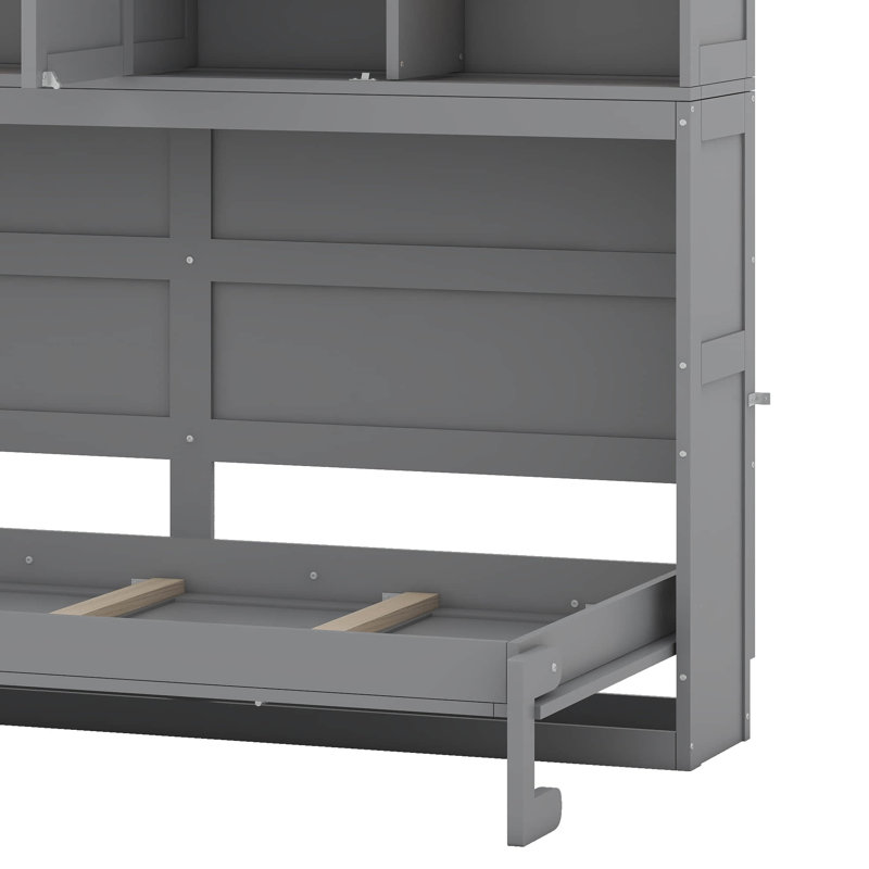Lit escamotable mural simple avec armoire supérieure, tablettes, lumière et USB, gris