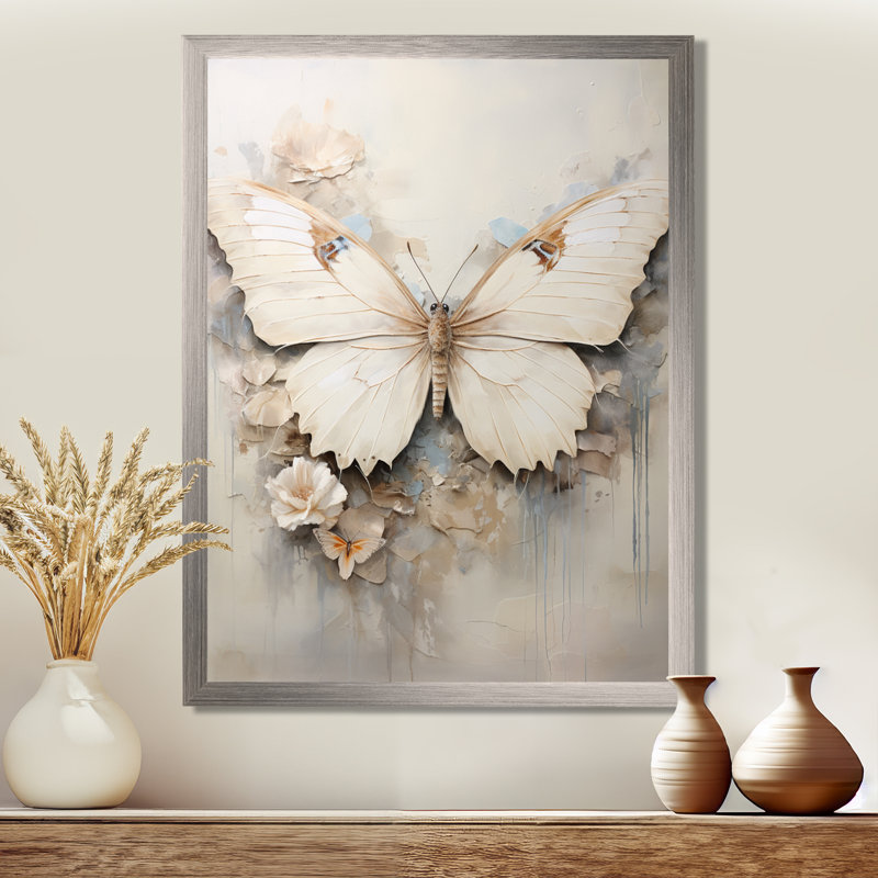 Minimalisme, papillon beige - art mural papillon, H 44 po x l 34 po x P 1,5 po, Cadre simple argenté