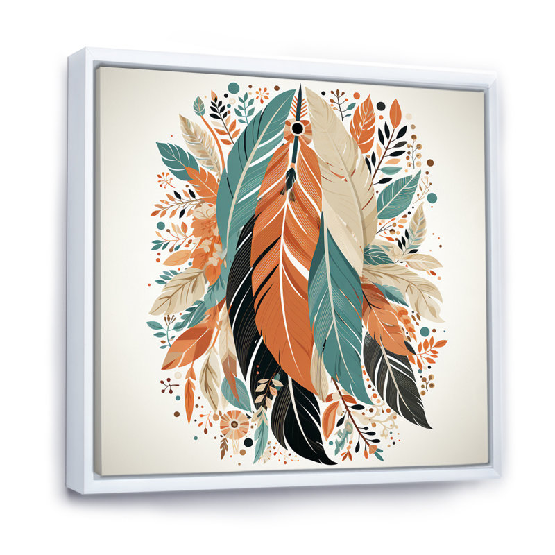 Plumes de bohème rétro en bleu et orange sur toile, Cadre flottant blanc, H 16 po x l 16 po x P 1 po