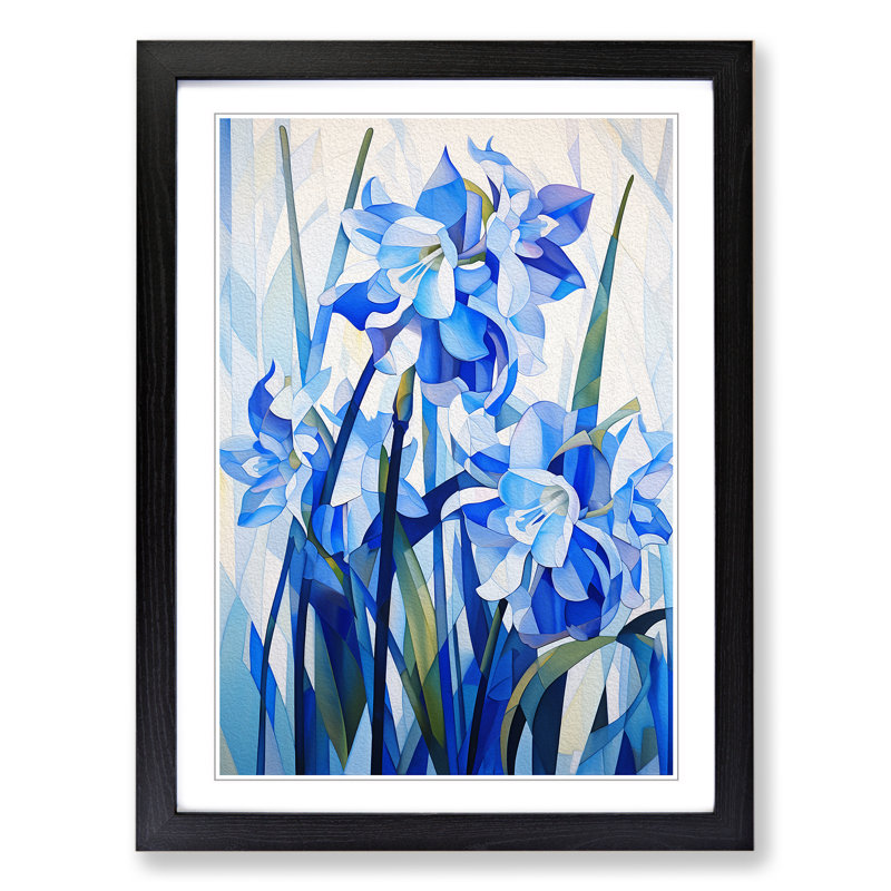 Bluebell Flower Cubism - Single Picture Frame Print on Wood, Black Framed, 34cm H x 25cm W x 2cm D