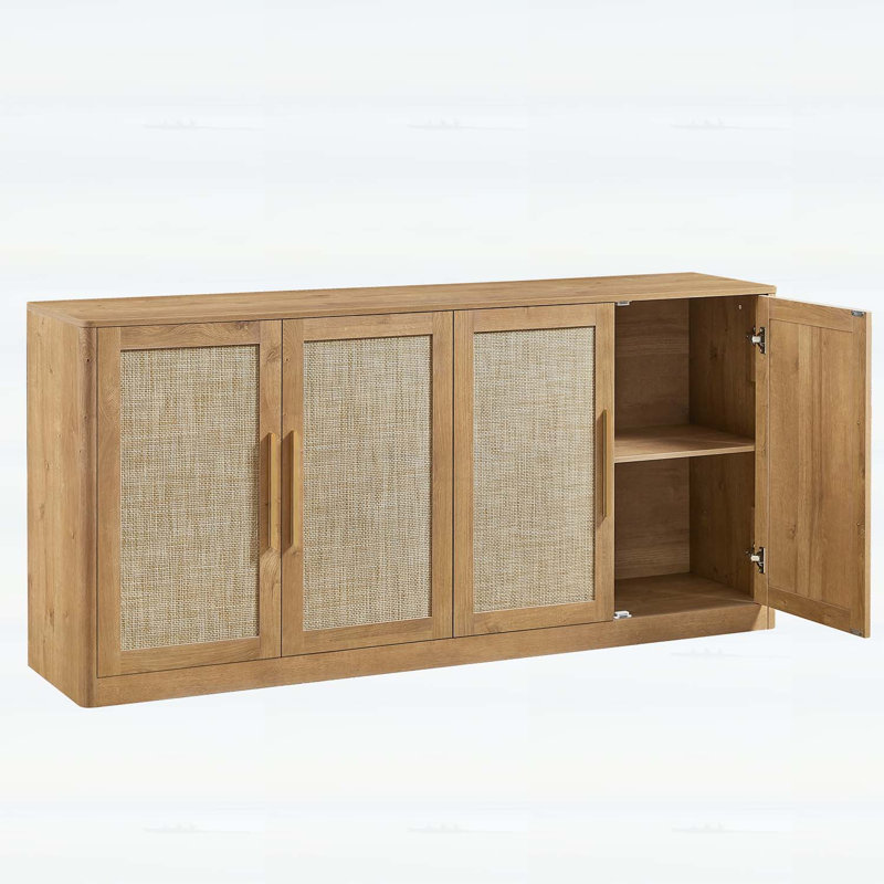 Buffet 67 portes en rotin à 4 portes 67 po, buffet Boho avec rangement spacieux pour le salon et le couloir, finition chêne caramel