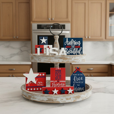 4Th Of July Patriotic Wooden Decor Set - Red White & Blue USA Themed Tiered Tray Decor, Star & USA Sign Ornaments For Independence Day Home & Farmhouse Decor