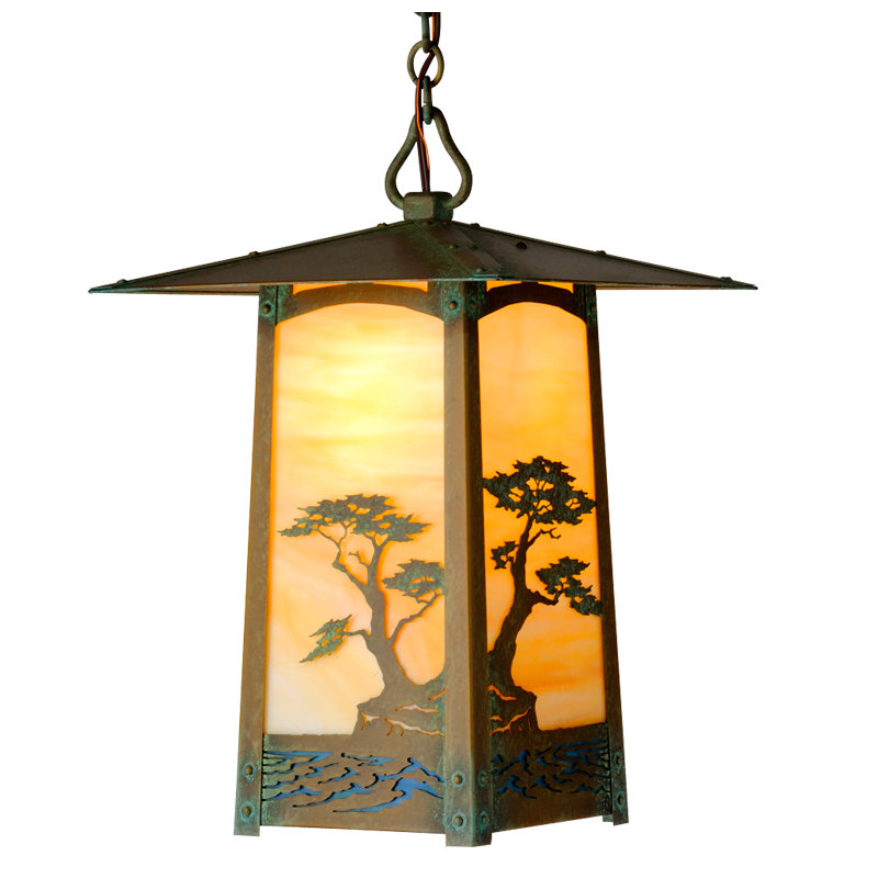 Lanterne suspendue d'extérieur 1 lumière Dever, H 19 po x l 12,5 po x P 15,75 po, Or irisé, Vert nouveau