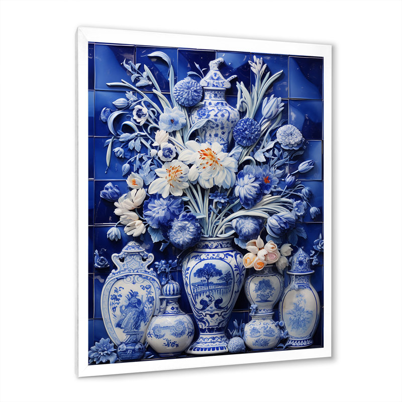 «Blue Boho Flower Pottery I» - art mural Boho, H 32 po x l 16 po x P 1 po, Cadre simple blanc