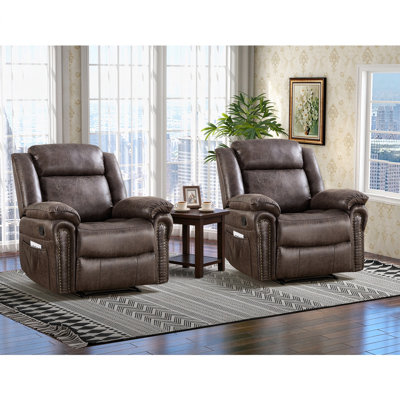 Fauteuil inclinable manuel vintage en cuir végétalien souple de 96 cm de large avec rivet et poche latérale (ensemble de 2)
