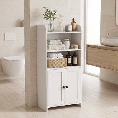 Freestanding White Storage Unit for Compact Bathrooms, Featuring Two Doors and Interior Shelves, Ideal for Holding Toilet Paper in Tight Spaces Like Laundry Rooms, 7.9D x 14.6W x 31H Inches