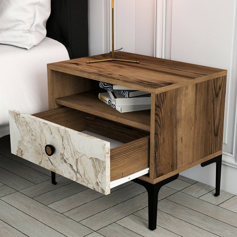 Aliyanah 56cm W Manufactured Wood Bedside Table, Walnut/White Marble