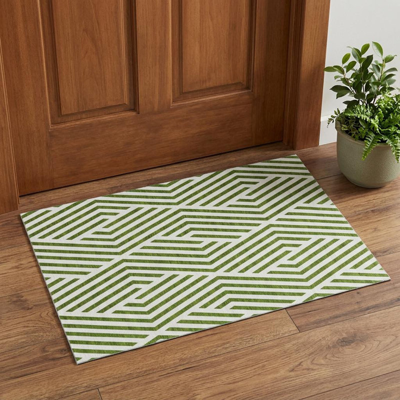 3' X 5' Olive Green And Ivory Geometric Washable Area Rug With UV Protection