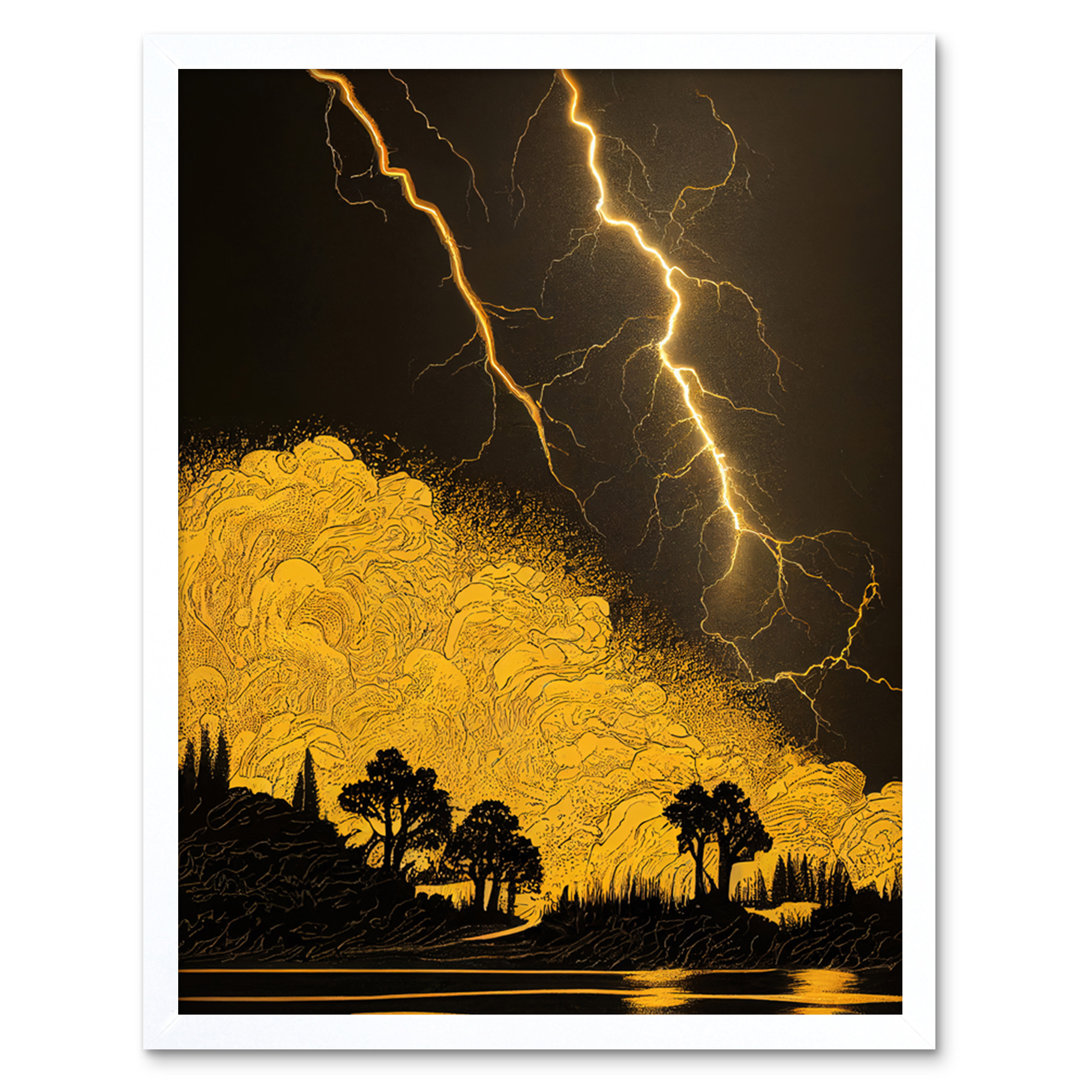 Thunder Storm Lightning Lakeside Tree Silhouette - Print