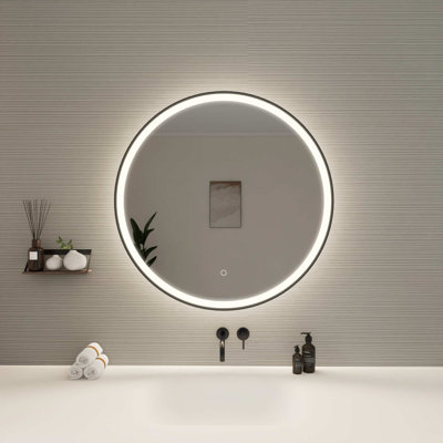 32 Round LED Front and Backlit Wall Mirror in Black