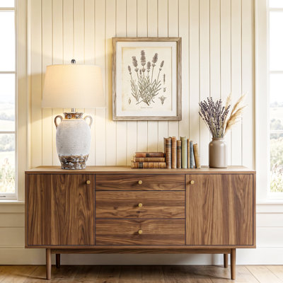 Lampe de table 26 po en céramique patinée avec abat-jour en lin beige, finition crème et brune
