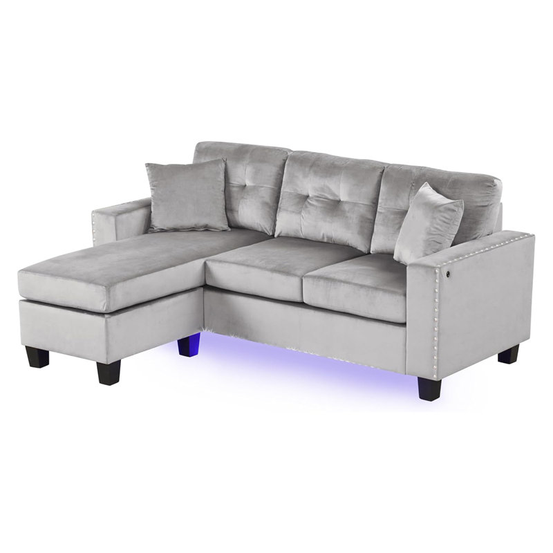 Canapé modulaire en velours réversible avec lumière DEL et coussins décoratifs, gris