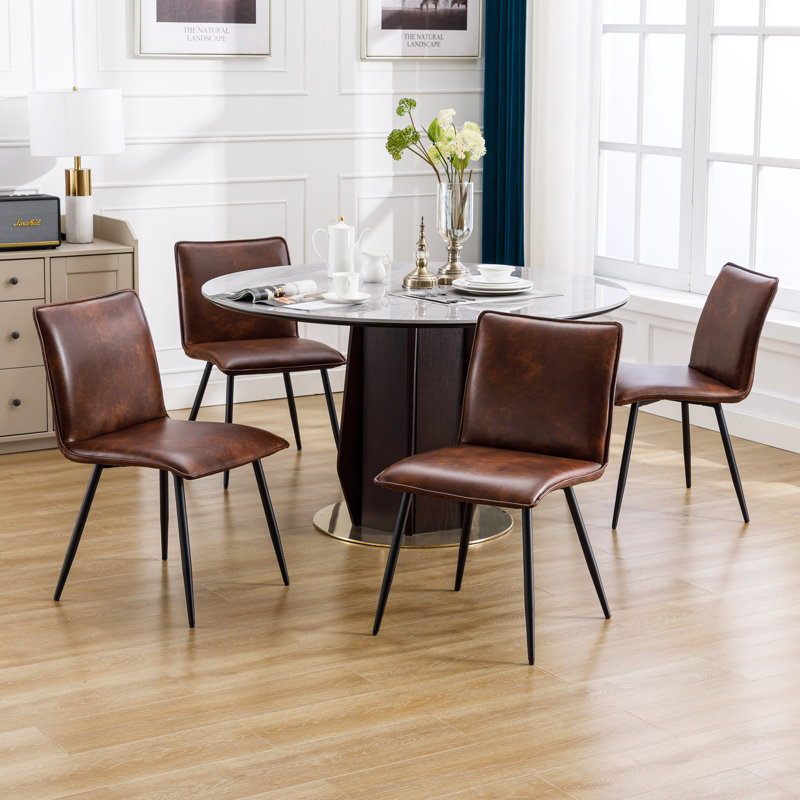 Keava 19" Wide Modern Farmhouse Dining Side Chair in Distressed Leather with Natural Shading, Black, Dark Brown