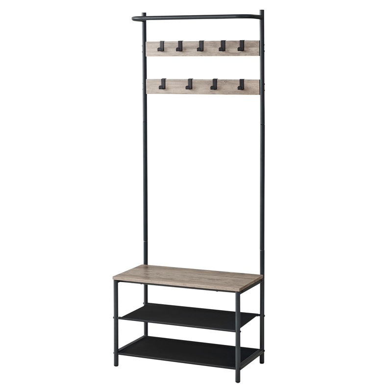 Hall Tree 25.2" Wide with Bench and Shoe Storage, Entryway Bench with Coat Rack Stand, 9 Movable Hooks, Top Bar, Greige/Black
