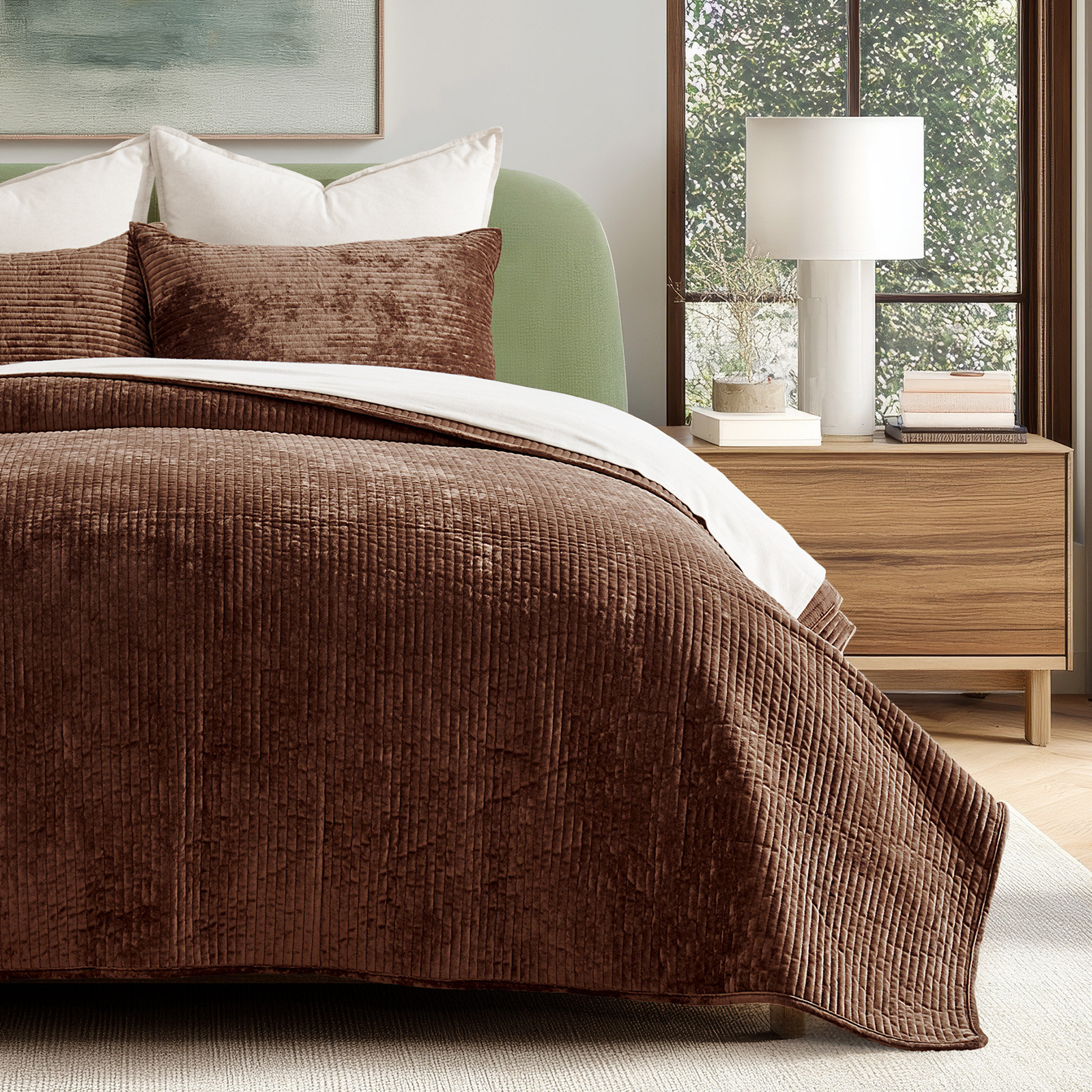 Velvet Quilt Set, King, Rust Brown