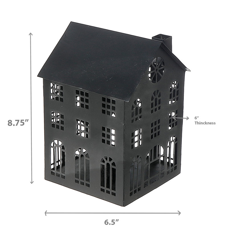 Metal House Tealight Holder (Large), 7" H x 7" W x 9.5" D, Black