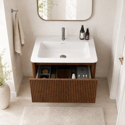 Meuble-lavabo suspendu de 61 cm avec lavabo en surface solide blanche, armoire de salle de bain murale en noyer rayé, meuble-lavabo moderne préassemblé