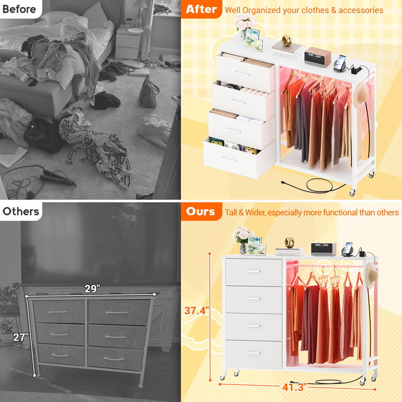 Commode 4 tiroirs Nasin avec support à vêtements, station de charge et lumières DEL, Blanc
