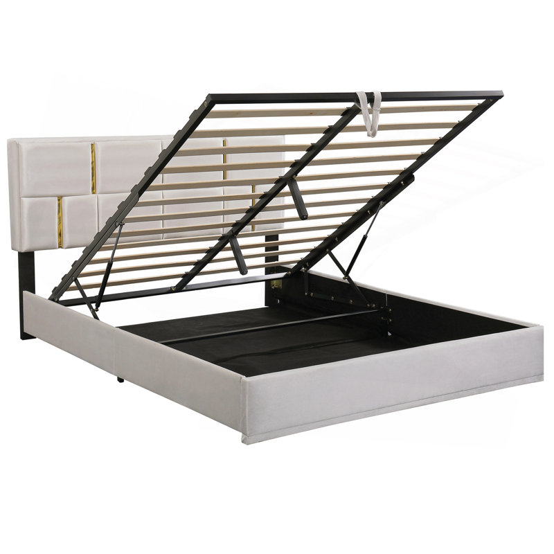 Grand lit plateforme tapissier avec système de rangement hydraulique, sans sommier tapissier, beige