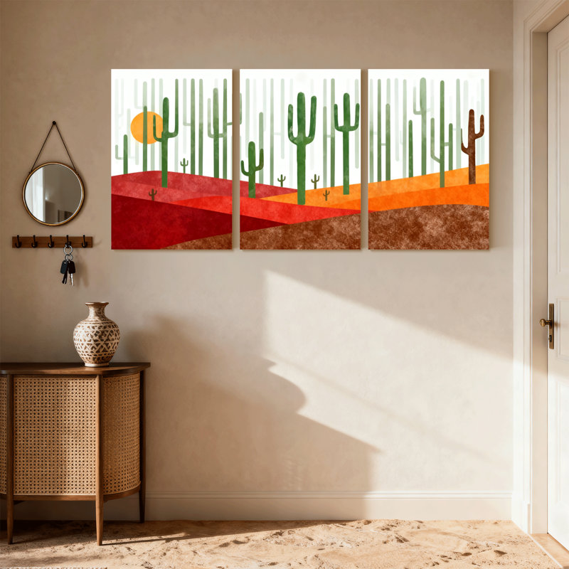Cactus, paysage désertique avec cactus et soleil, ensemble de 3 impressions sur toile, H 24 po x l 48 po