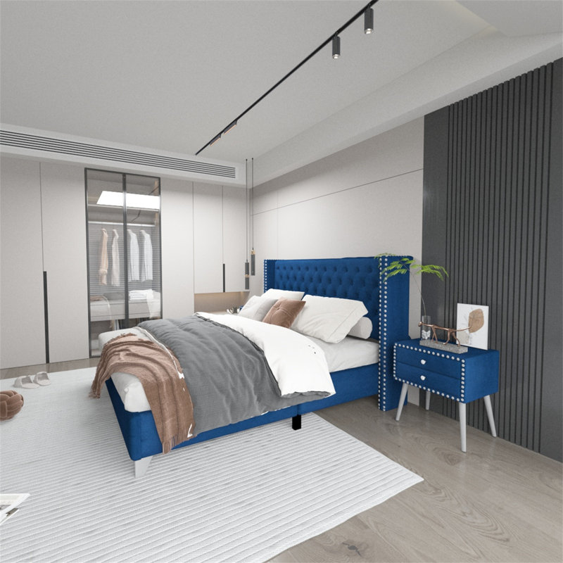 Ensemble de chambre avec lit plateforme 2 pièces, Bleu, Très grand