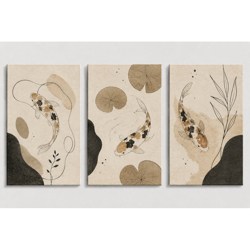 Grand ensemble de 3 reproductions d'art sur toile de style japonais koi