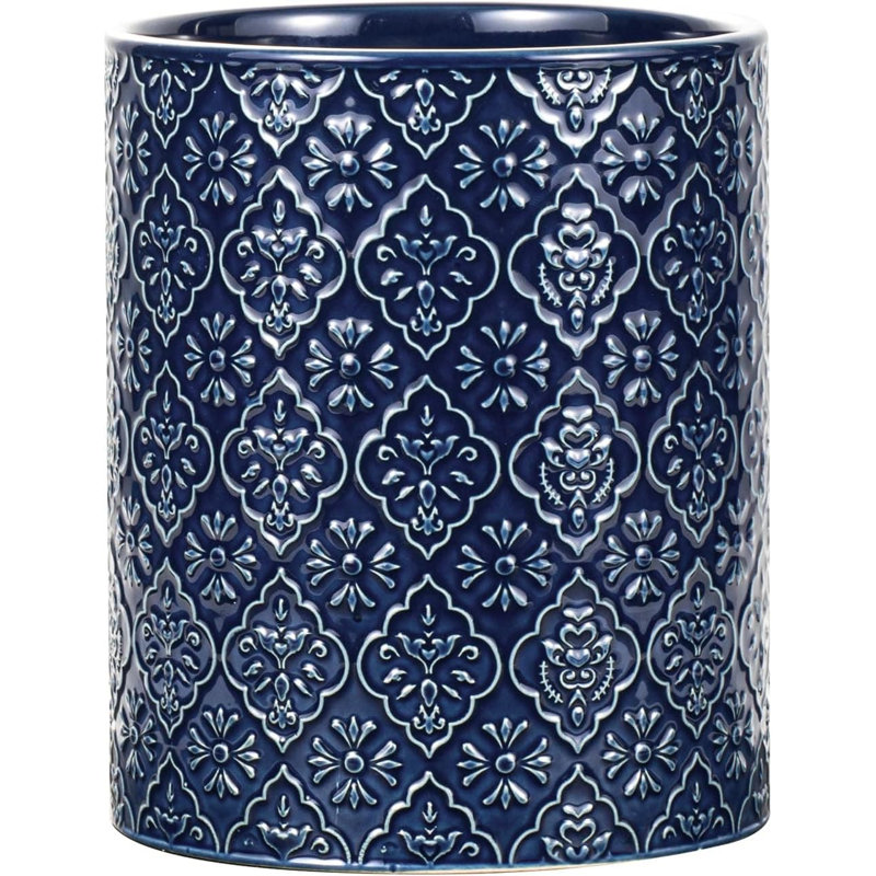 6x7 inch Large Ceramic Utensil Holder (Blue, Embossed Pattern), Blue