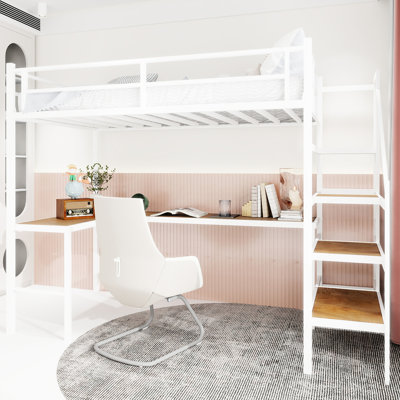 Twin Size White Iron Loft Bed With Continuous Belt Railing, - Tip, Integrated Work Area For Bedroom Of Color, Frame, Workspace