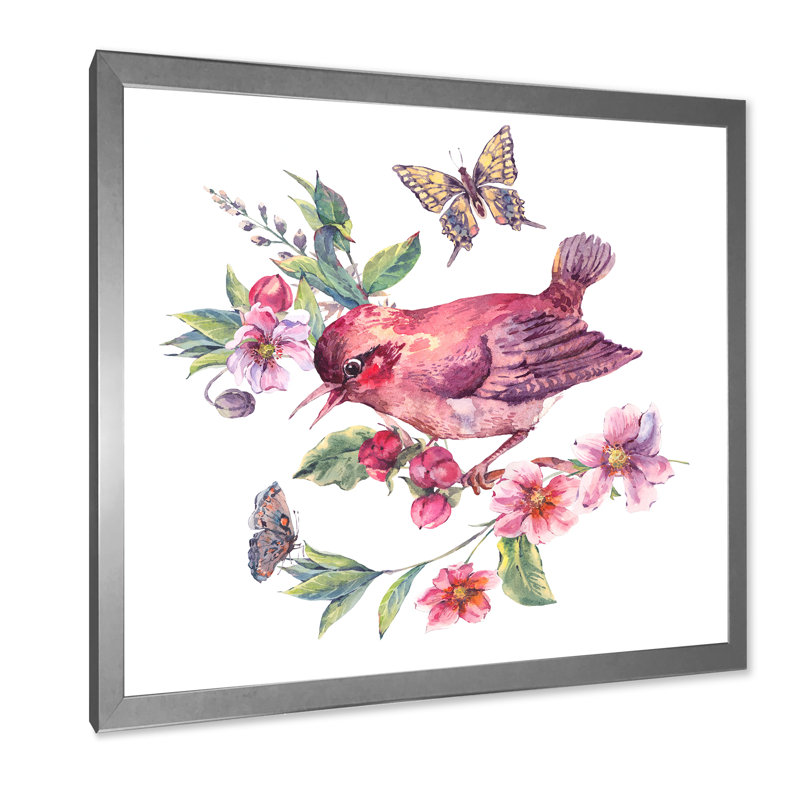 Oiseau sur une branche en fleurs I - peinture sur toile, H 16 po x l 16 po, Cadre photo argenté