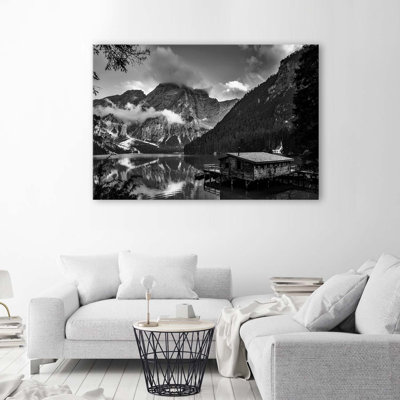 Hut At A Mountain Lake' Black And White - No Frame Print on Canvas