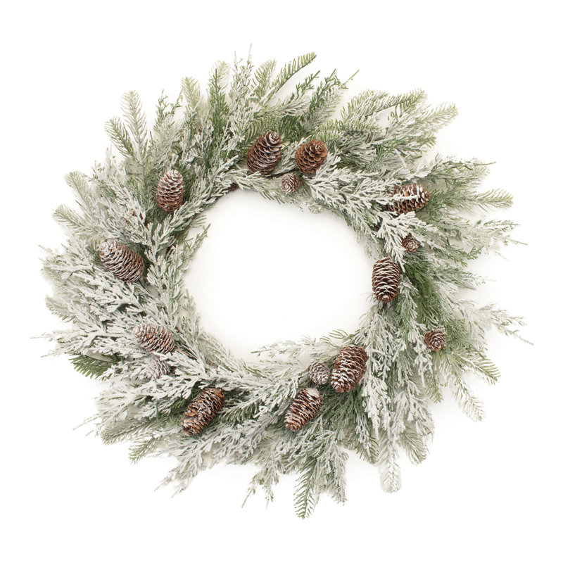 Couronne de pin mélangée floquée et pommes de pin 27 po