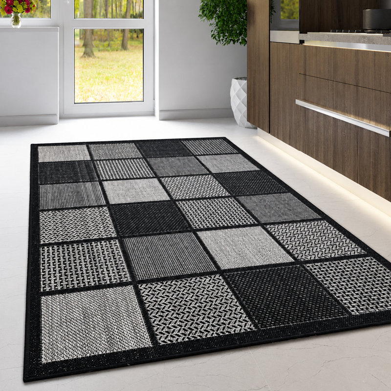 Non Slip Rug Flat Weave Check Kitchen Living Room Carpet, Rectangle 160 x 225 cm, Black