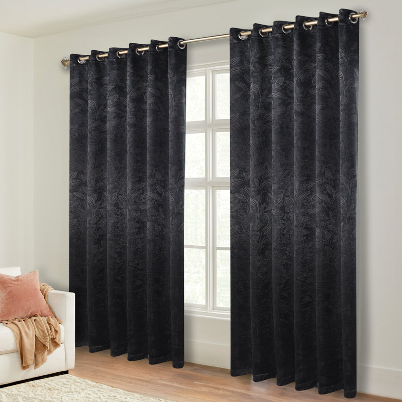 Finklea Floral Pattern Polyester Light Filtering/Room Darkening Rod Pocket Curtain Panels, 52" W x 108" L, White/Navy Blue