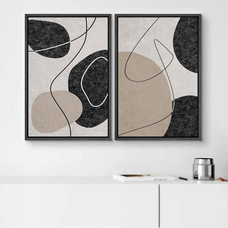 «Black Tan Mid-Century Chiffres Abstract Shapes», 2 pièces sur toile, Cadre noir, H 36 po x l 24 po