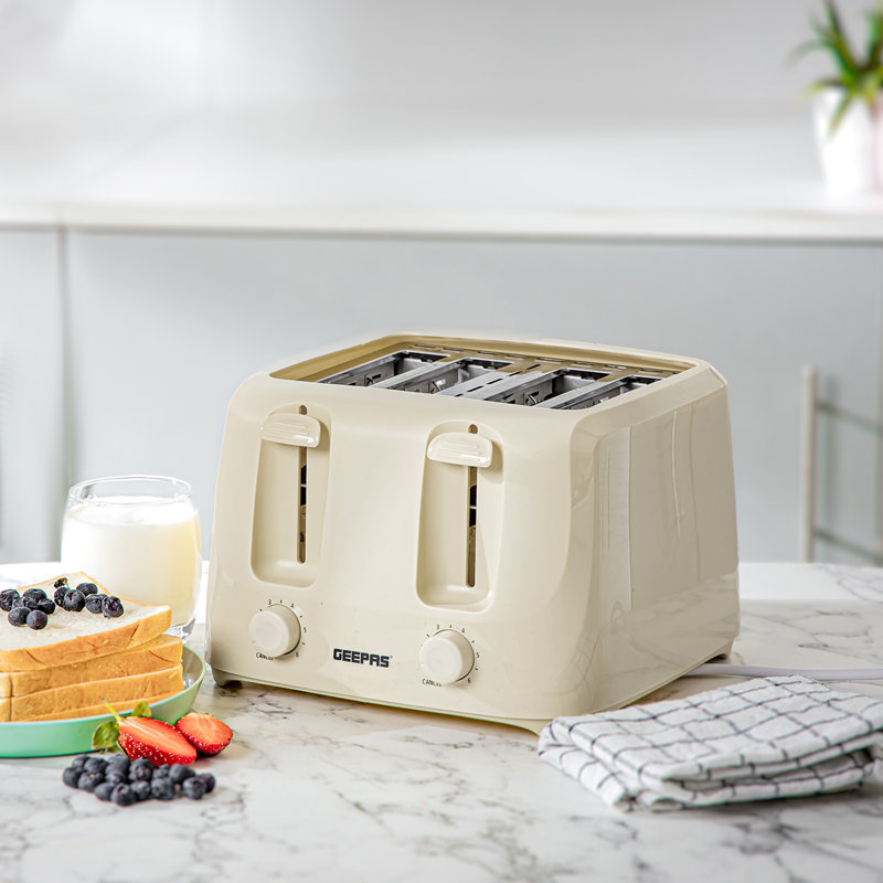 Geepas 4 Slice Toaster | 6 Browning Levels with Cancel Function | For Thin Small Bread Slice | 2 Independent Controls 2 Removable Crumb Trays Cool Touch High Lift | 1400W
