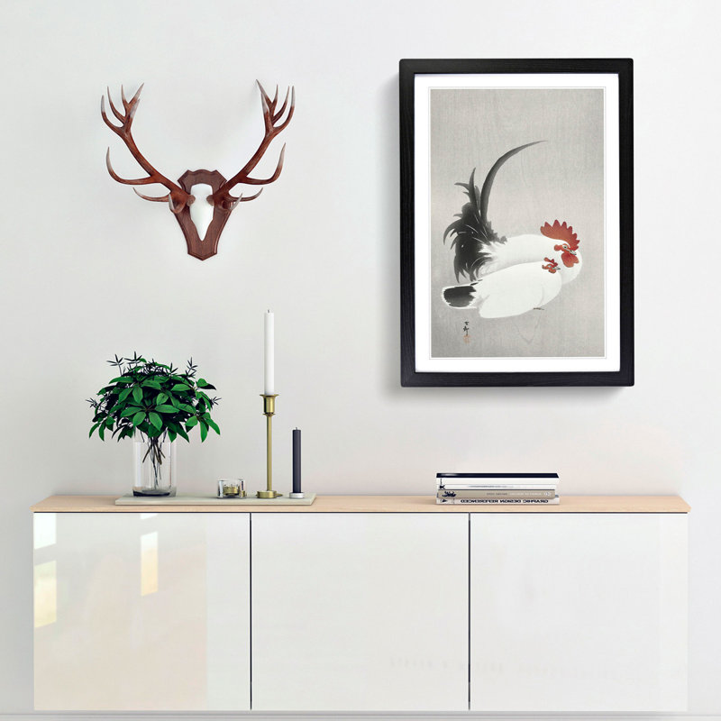 White Rooster & Hen by Ohara Koson - Picture Frame Painting Print, 65cm H x 48cm W x 2cm D, Black Framed